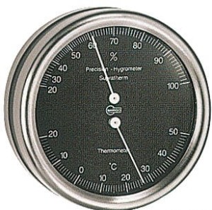 HYGROMETR Z TERMOMETREM BARIGO ORION Z CHROMOWANEJ STALI INOX Z CZARNĄ TARCZĄ 2808290