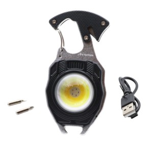 Brelok EDC czarny 8w1 – latarka COB JB-01, zapalniczka, przecinak, śrubokręt, gwizdek i otwieracz