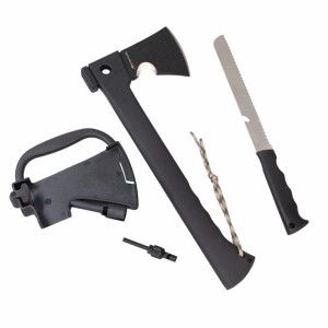 Toporek Multitool JB-17 – czarny, survivalowy z nożem, krzesiwem i młotkiem